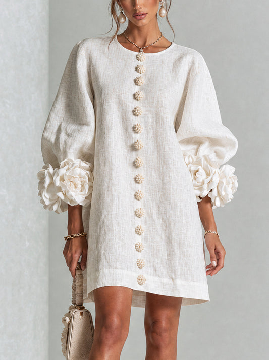 Mini Robe Boutonnée Fleurie à Poignets Rosettes Spectaculaires