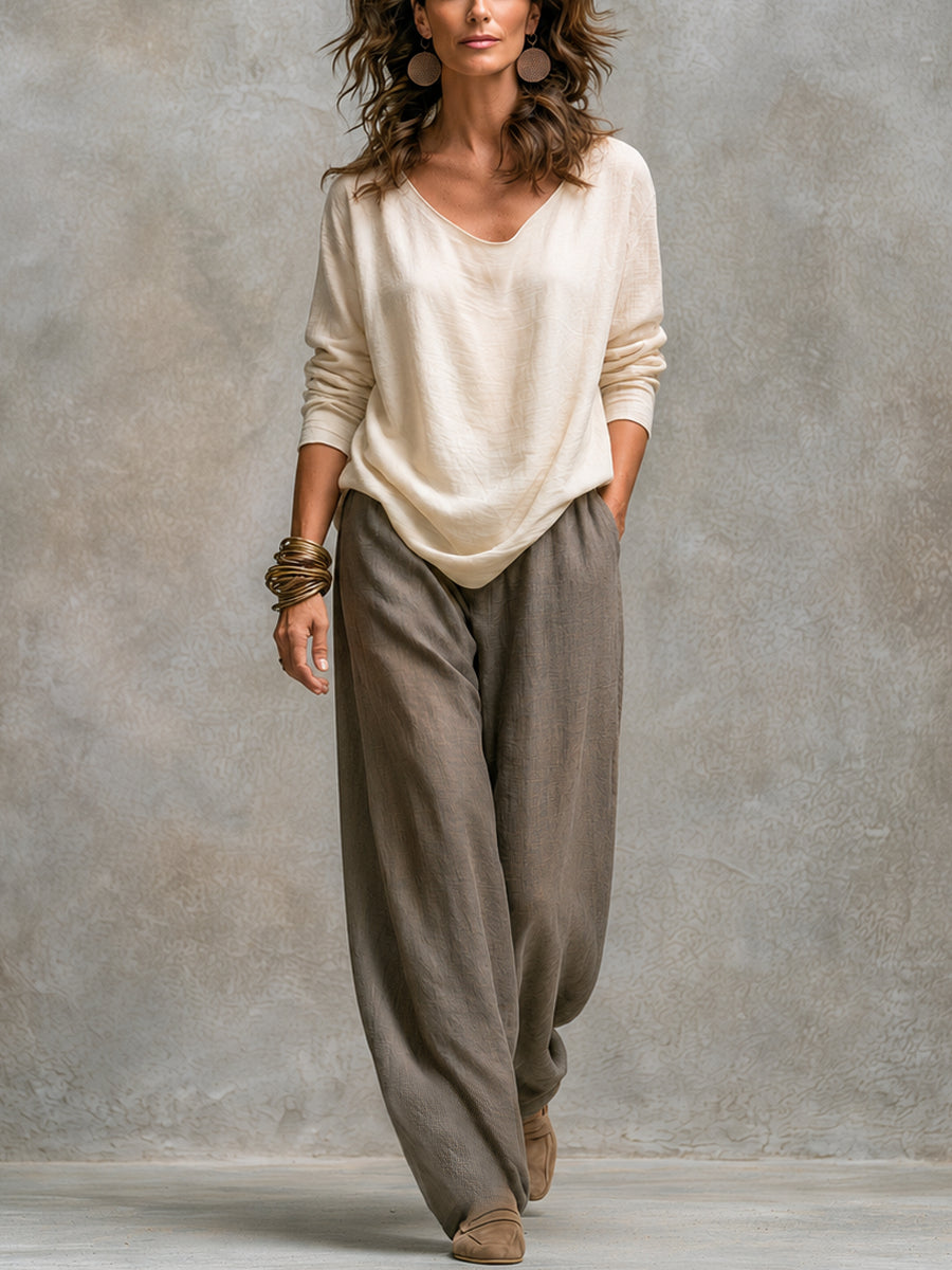 Costanza | Ensemble Trois Pièces Beige Gris avec Pantalon Palazzo