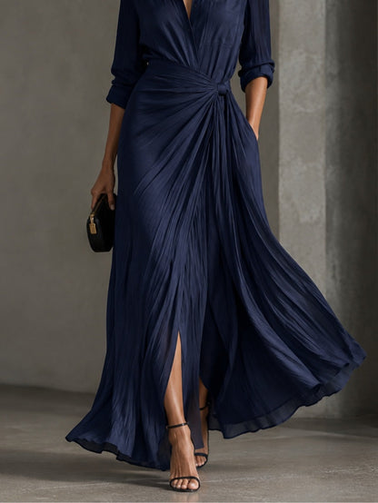 Gabriella | Robe Chemise Longue Bleu Marine à Nouer