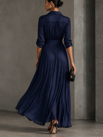 Gabriella | Robe Chemise Longue Bleu Marine à Nouer