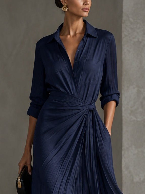 Gabriella | Robe Chemise Longue Bleu Marine à Nouer