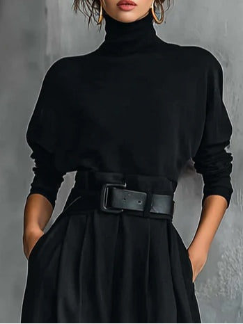 Ginevra | Ensemble Col Montant Noir et Pantalon Droit