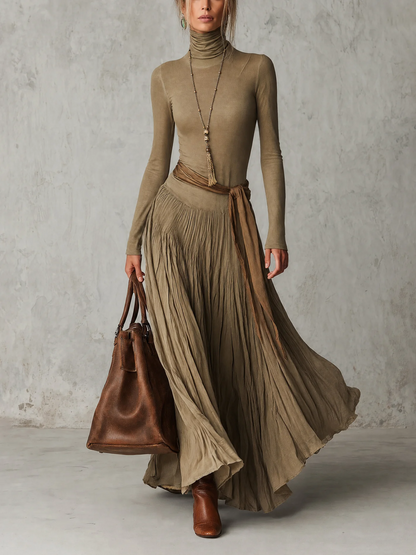 Júlia | Robe Longue Plissée Col Roulé à Lien