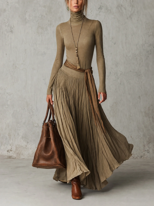 Júlia | Robe Longue Plissée Col Roulé à Lien