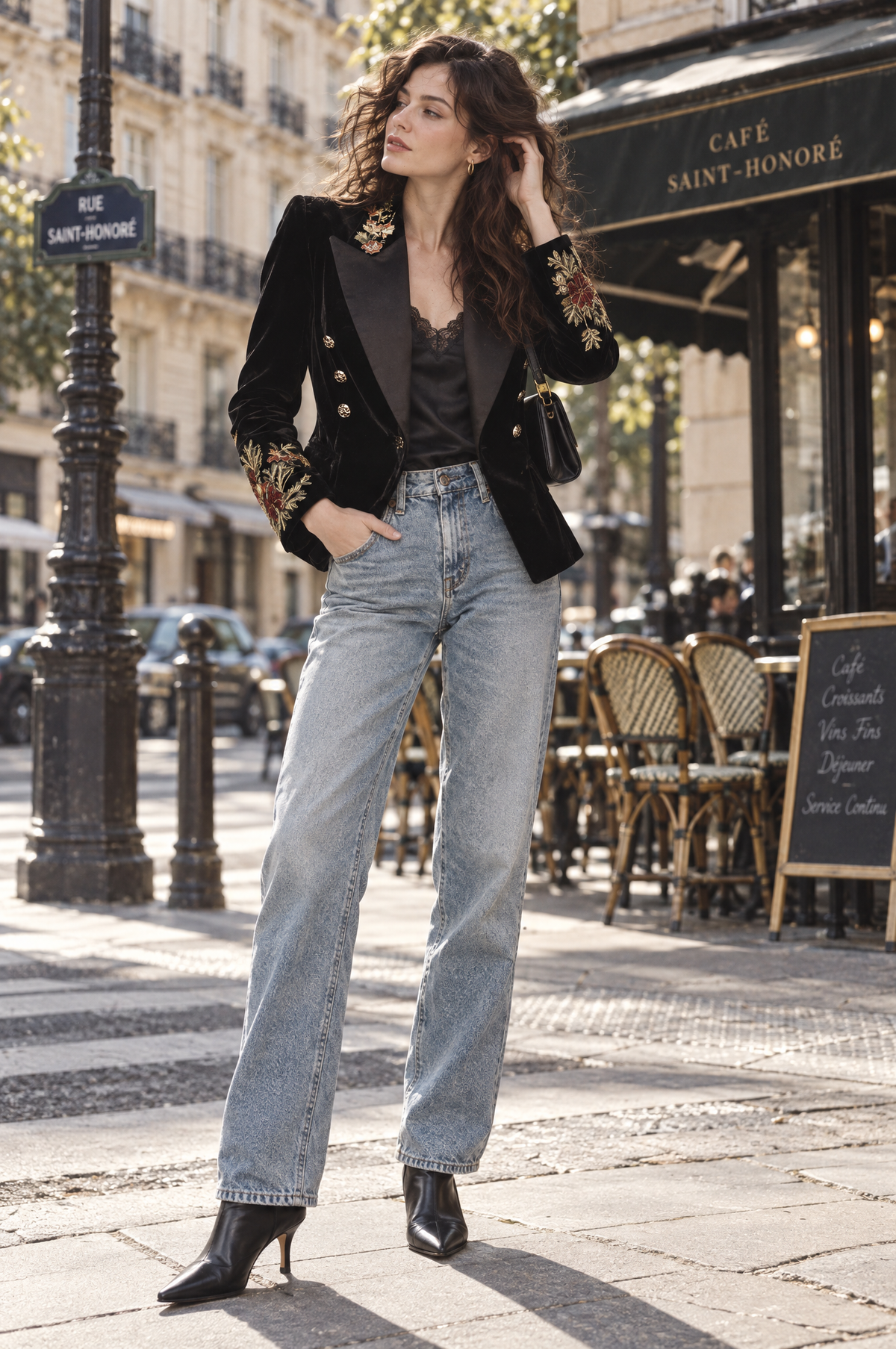 Pierrette | Blazer Ajusté en Velours Brodé à Revers Satinés