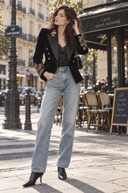 Pierrette | Blazer Ajusté en Velours Brodé à Revers Satinés