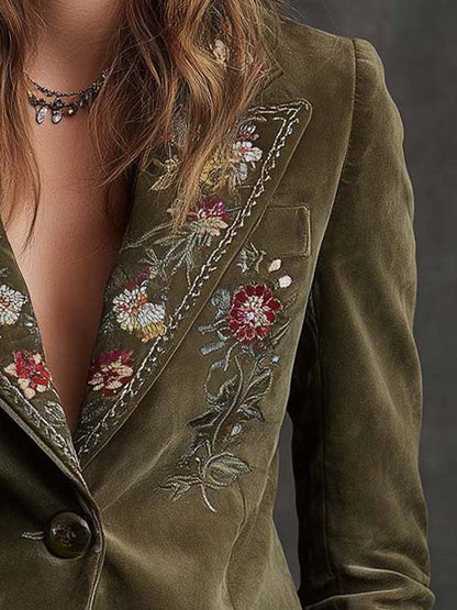 Huguette | Blazer en Velours Vert Olive Brodé de Fleurs