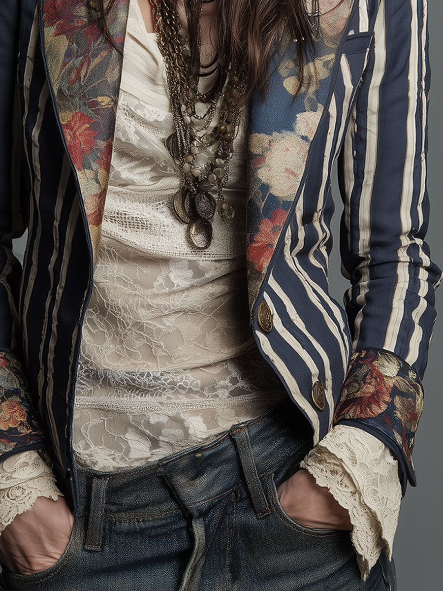 Oriane | Blazer Rayé Coton et Lin à Imprimé Fleuri