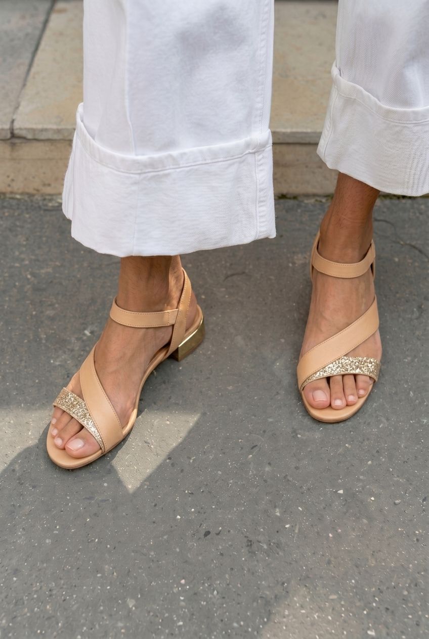Sandales Nude à Petit Talon, Bride Asymétrique et Détails Pailletés.