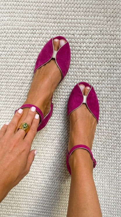 Ballerines peep toe chic en suédine Bleu à liseré métallisé