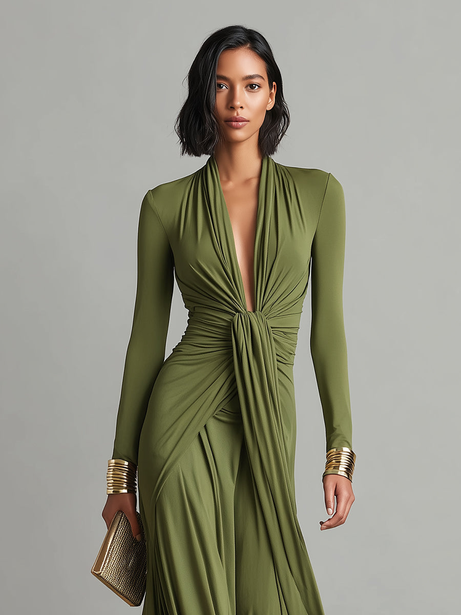Valentina · Robe longue à col en V et détails volantés