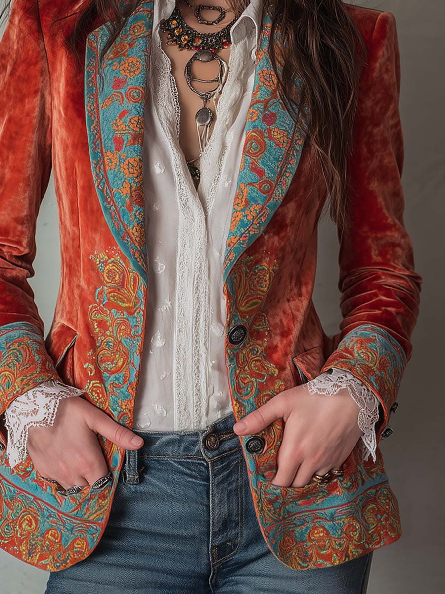 Ermeline | Blazer en Velours Imprimé à Contraste de Couleurs
