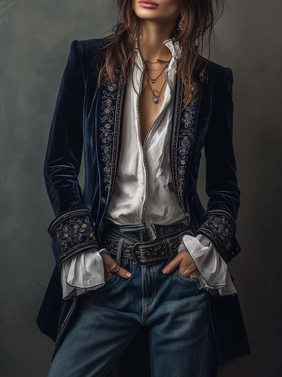 Octavia | Veste Longue Brodée Bleu Marine