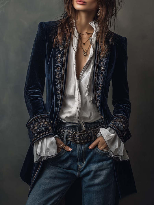 Octavia | Veste Longue Brodée Bleu Marine