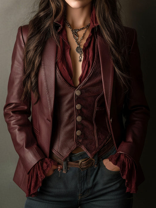Évangéline | Blazer Bordeaux Effet Cuir