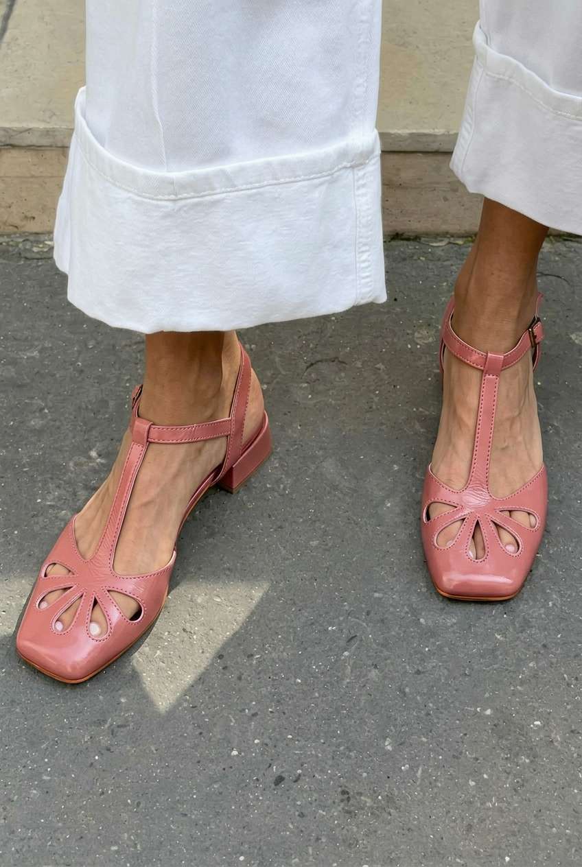 talons bloc orange à bride en T, bout carré et découpes florales.