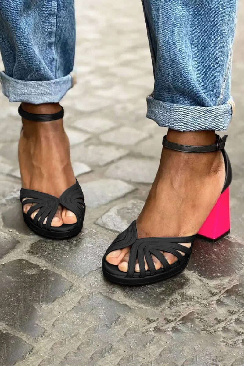 talons chunky élégants color block à bride cheville, boucle et bout ouvert.