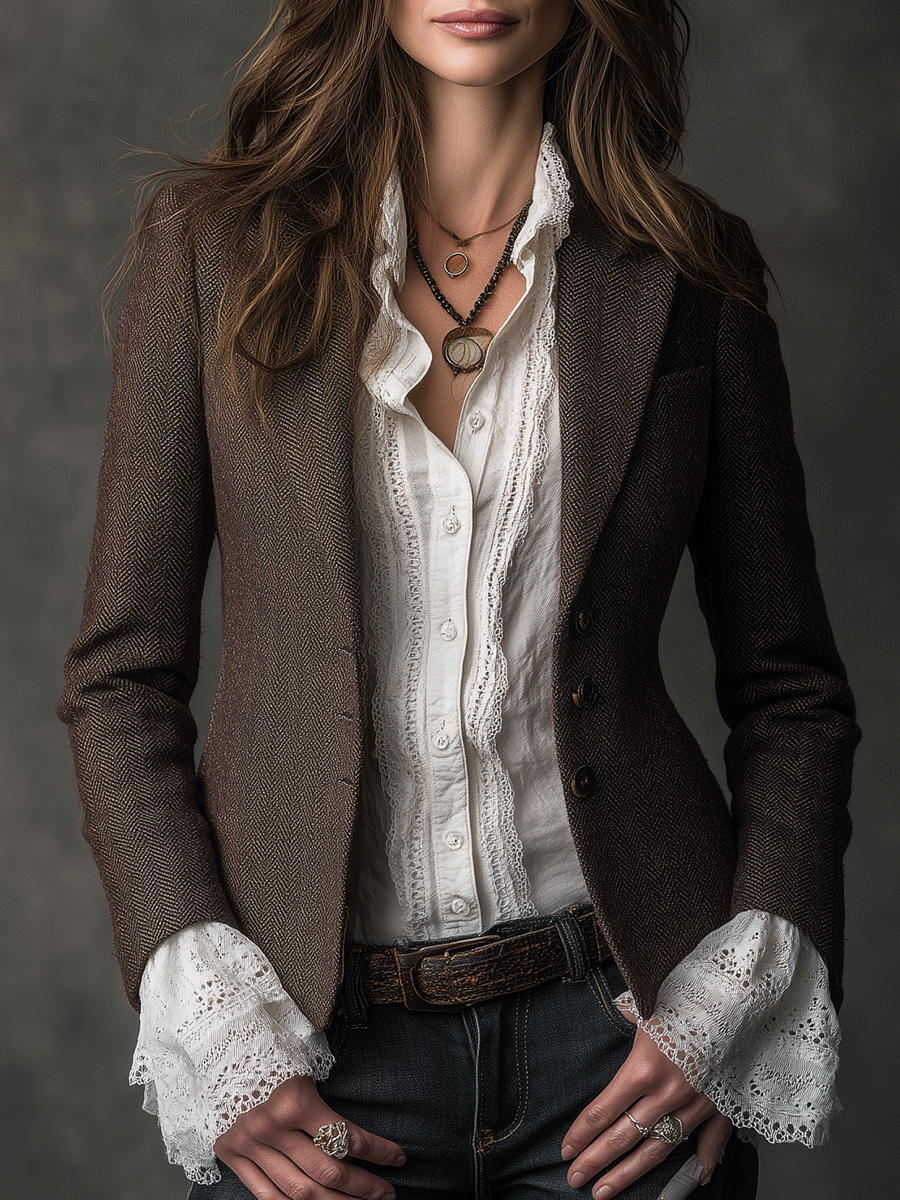 Blandine | Blazer Effet Tweed Marron Coupe Tailleur