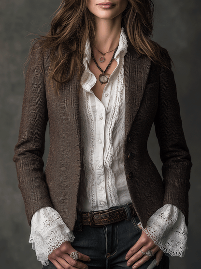 Blandine | Blazer Effet Tweed Marron Coupe Tailleur