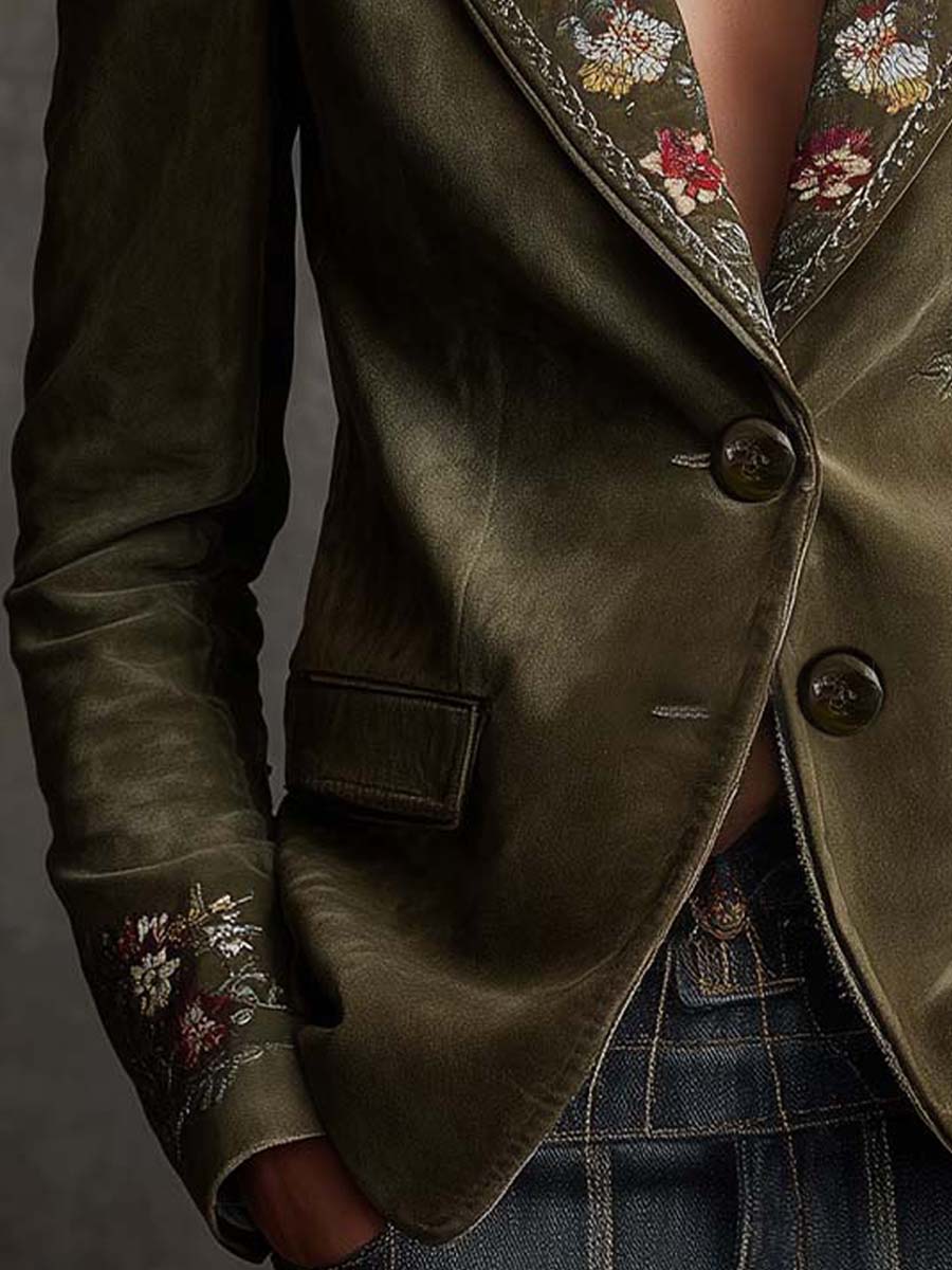 Huguette | Blazer en Velours Vert Olive Brodé de Fleurs