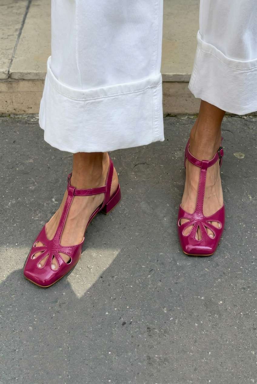 talons bloc orange à bride en T, bout carré et découpes florales.