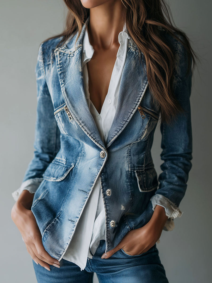 Apollonie | Blazer en Denim Délavé Coupe Tailleur