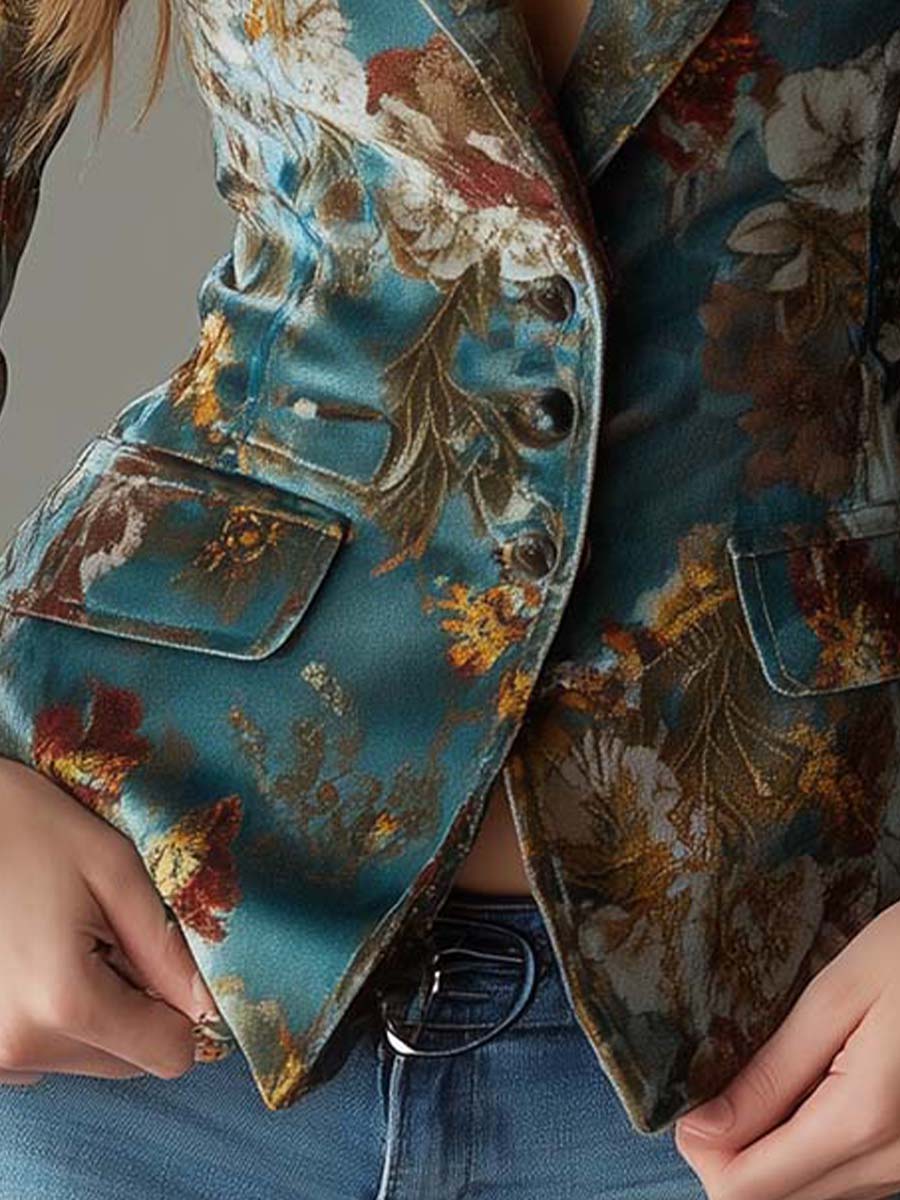 Sybille | Blazer Ajusté en Velours Fleuri Bleu Canard