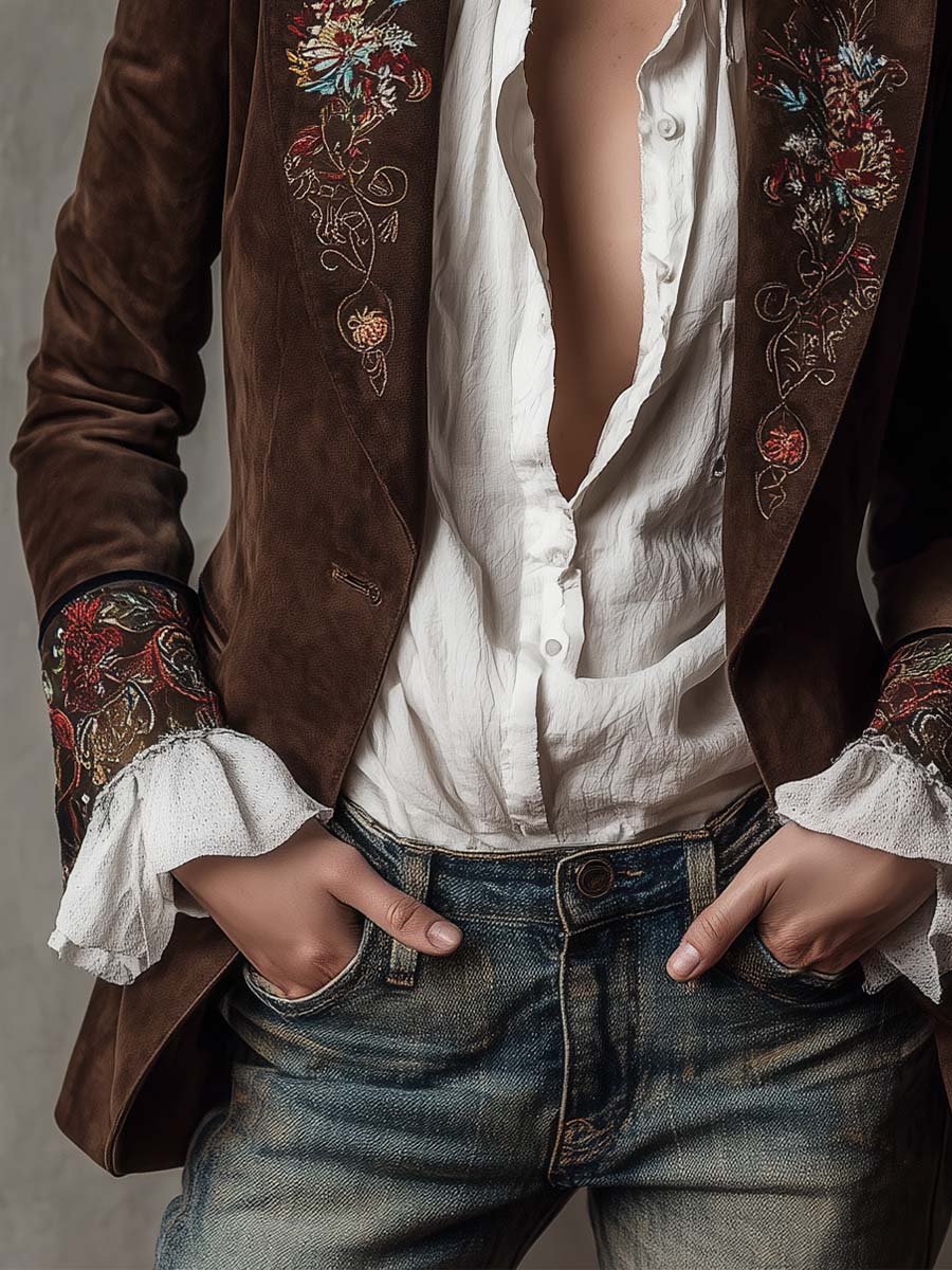 Domitia | Blazer en Suédine Marron Brodé