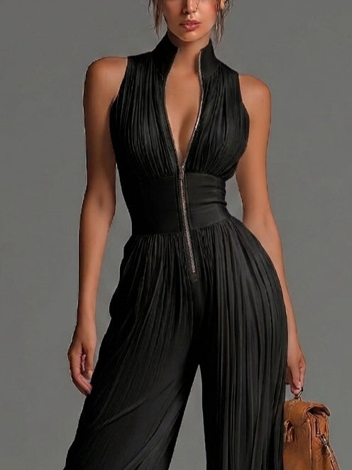 Combinaison Noire en Mousseline Col en V, Sans Manches, Zip et Pantalon Palazzo Plissé
