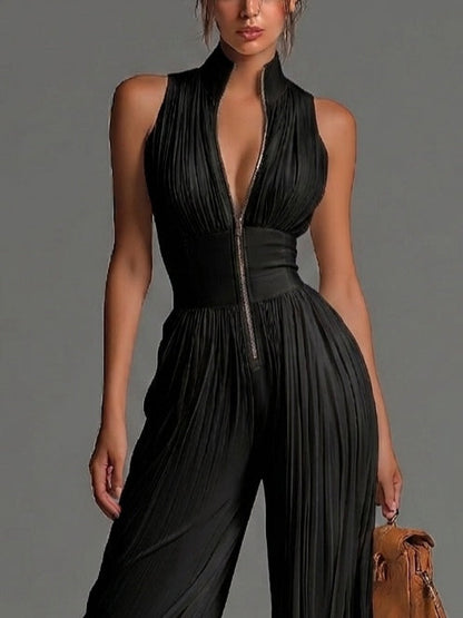 Vittoria · Combinaison en Mousseline Noire Col en V, Sans Manches, Zip et Pantalon Plissé à Jambe Large