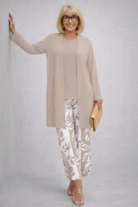 Élisabeth | Ensemble Trois Pièces Crème à Pantalon Imprimé Feuillage