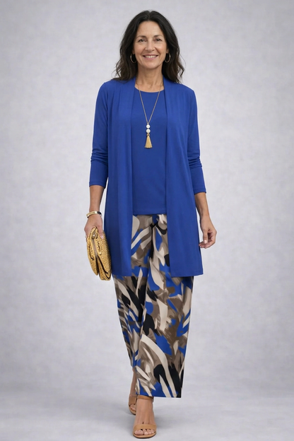 Mylène | Ensemble Trois Pièces Bleu Roi à Pantalon Imprimé