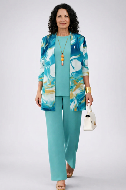Annaëlle | Ensemble Trois Pièces Turquoise à Gilet Fleuri