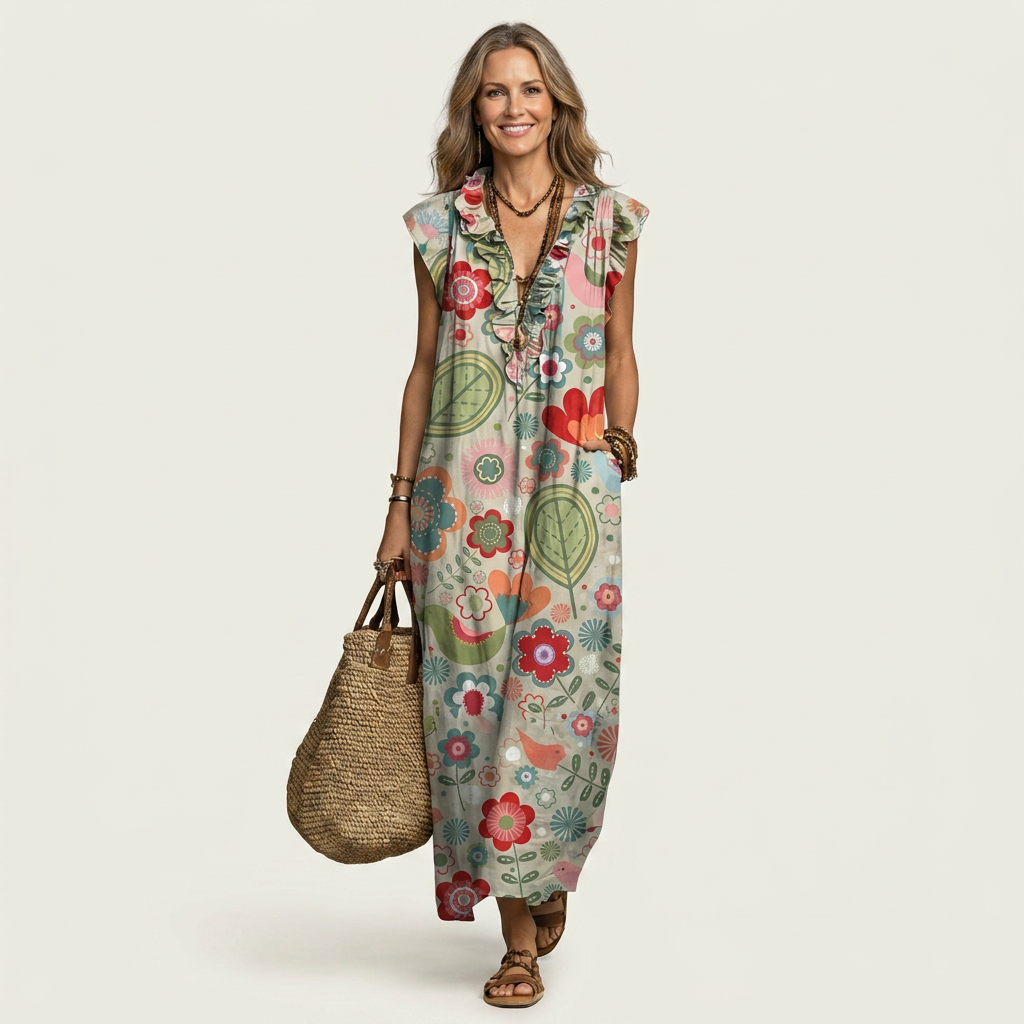 Bruna | Robe Longue à Volants et Col en V