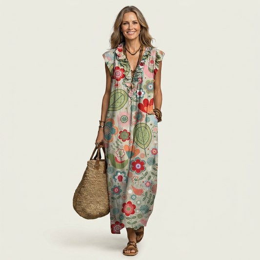 Bruna | Robe Longue à Volants et Col en V