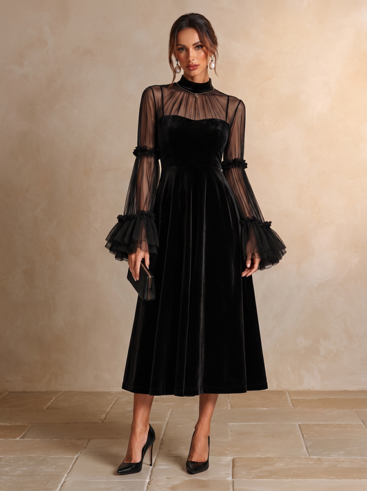 Stefania | Robe Midi Plissée Velours et Tulle
