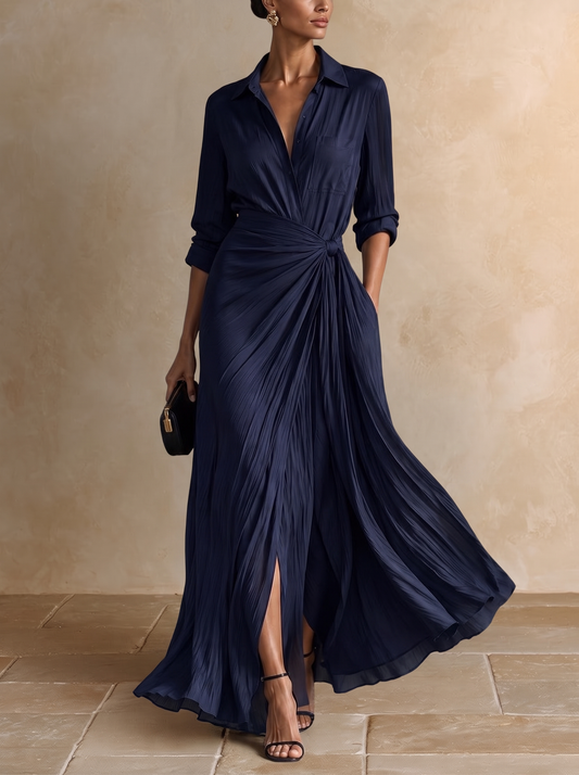 Gabriella | Robe Chemise Longue Bleu Marine à Nouer