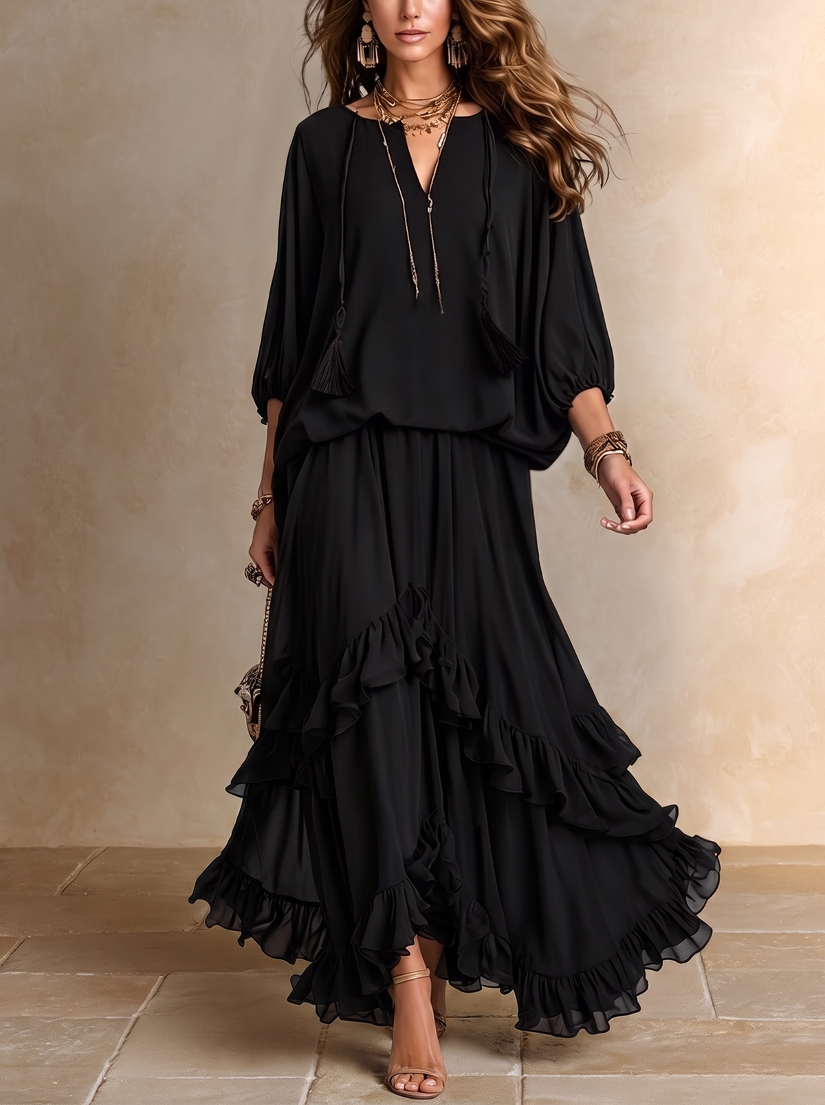 Elvira | Ensemble Top à Franges et Jupe à Volants Noir