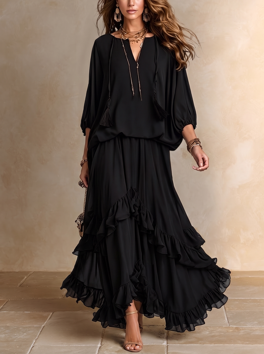 Elvira | Ensemble Top à Franges et Jupe à Volants Noir
