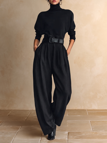 Ginevra | Ensemble Col Montant Noir et Pantalon Droit