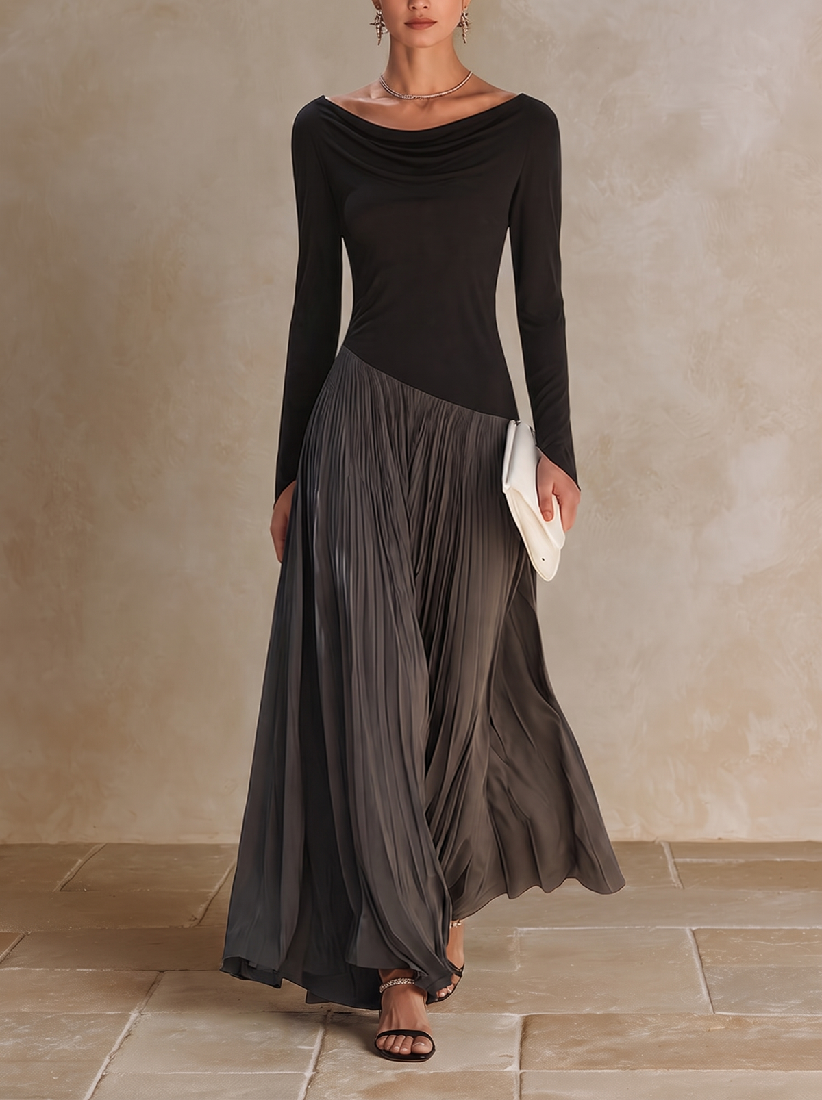 Marina | Robe Longue Plissée Bicolore à Col Drapé