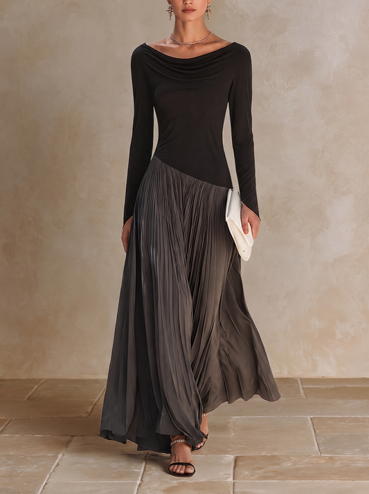 Marina | Robe Longue Plissée Bicolore à Col Drapé