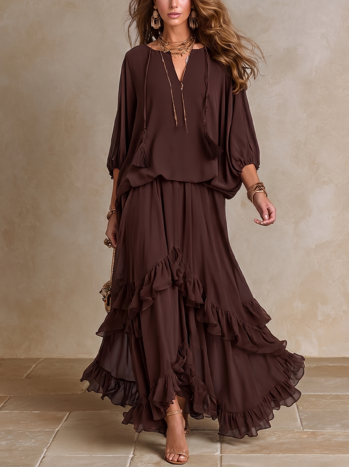 Manuela | Ensemble Top à Franges et Jupe à Volants Marron