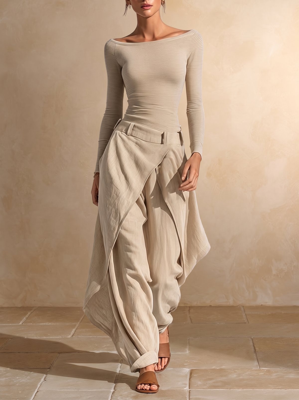 Giuliana | Ensemble Top Col Bateau et Pantalon Large Beige