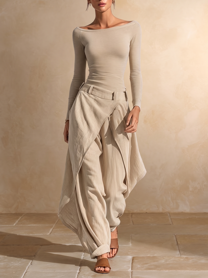 Giuliana | Ensemble Top Col Bateau et Pantalon Large Beige