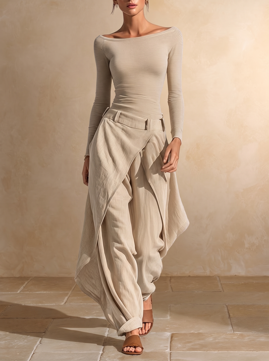 Giuliana | Ensemble Top Col Bateau et Pantalon Large Beige