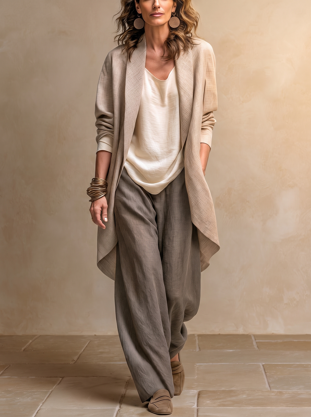 Costanza | Ensemble Trois Pièces Beige Gris avec Pantalon Palazzo