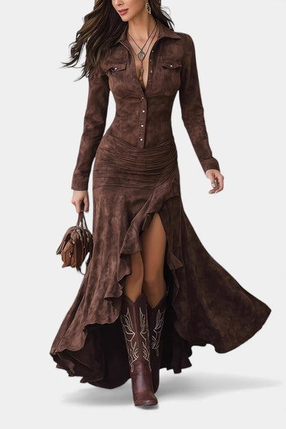 Tilda | Robe Longue Effet Daim à Col Chemise et Volants Asymétriques
