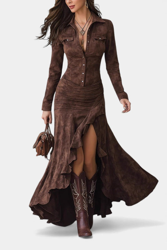 Tilda | Robe Longue Effet Daim à Col Chemise et Volants Asymétriques