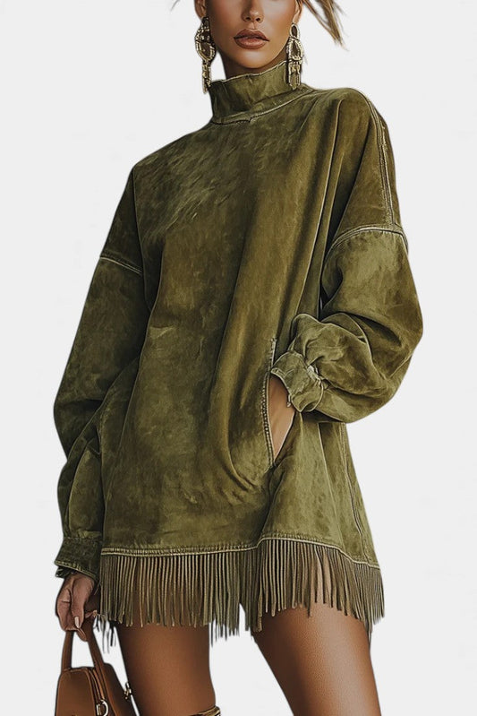 Élanaïs | Robe Pull Oversize en Suédine à Ourlet Frangé
